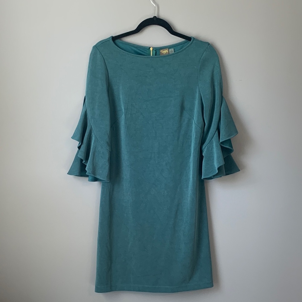 Taylor Elegant Teal Ruffle Sleeve Dress